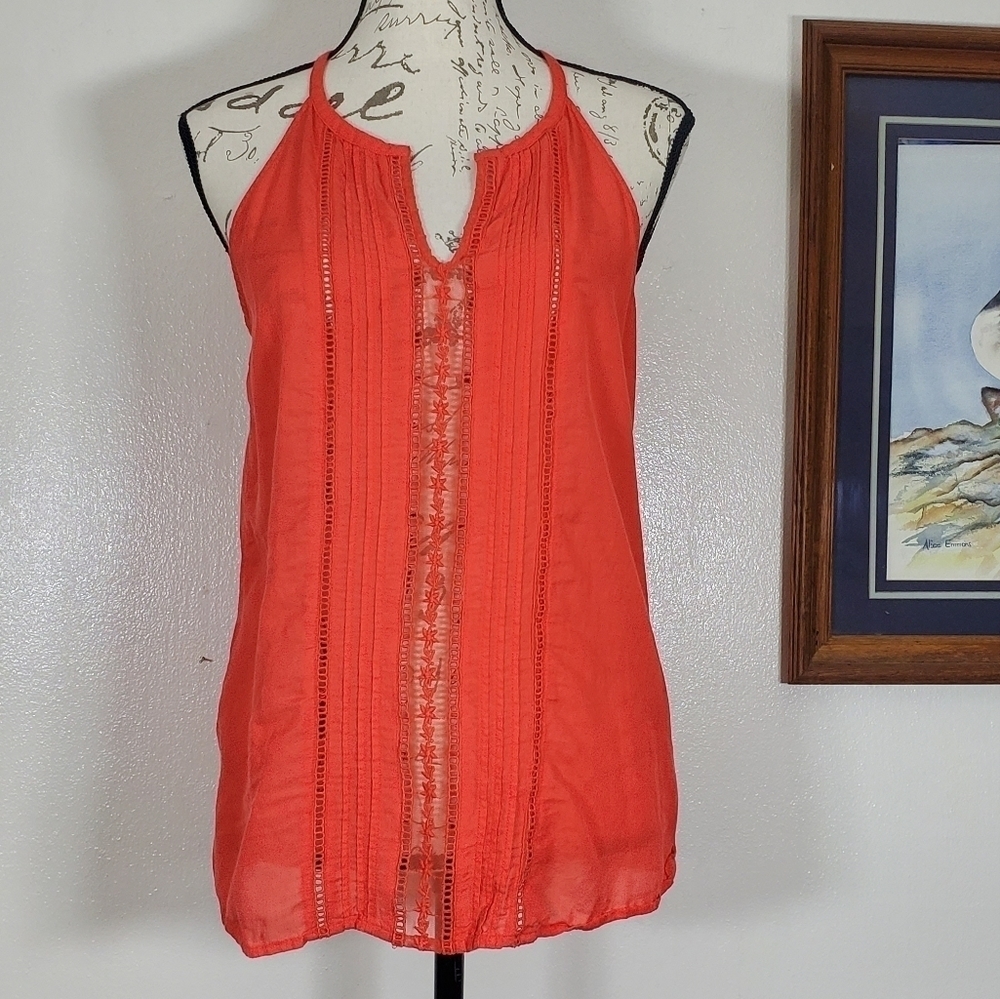 Old Navy Sleeveless Blouse Sheer Lace Halter Neck Red Orange Size Medium